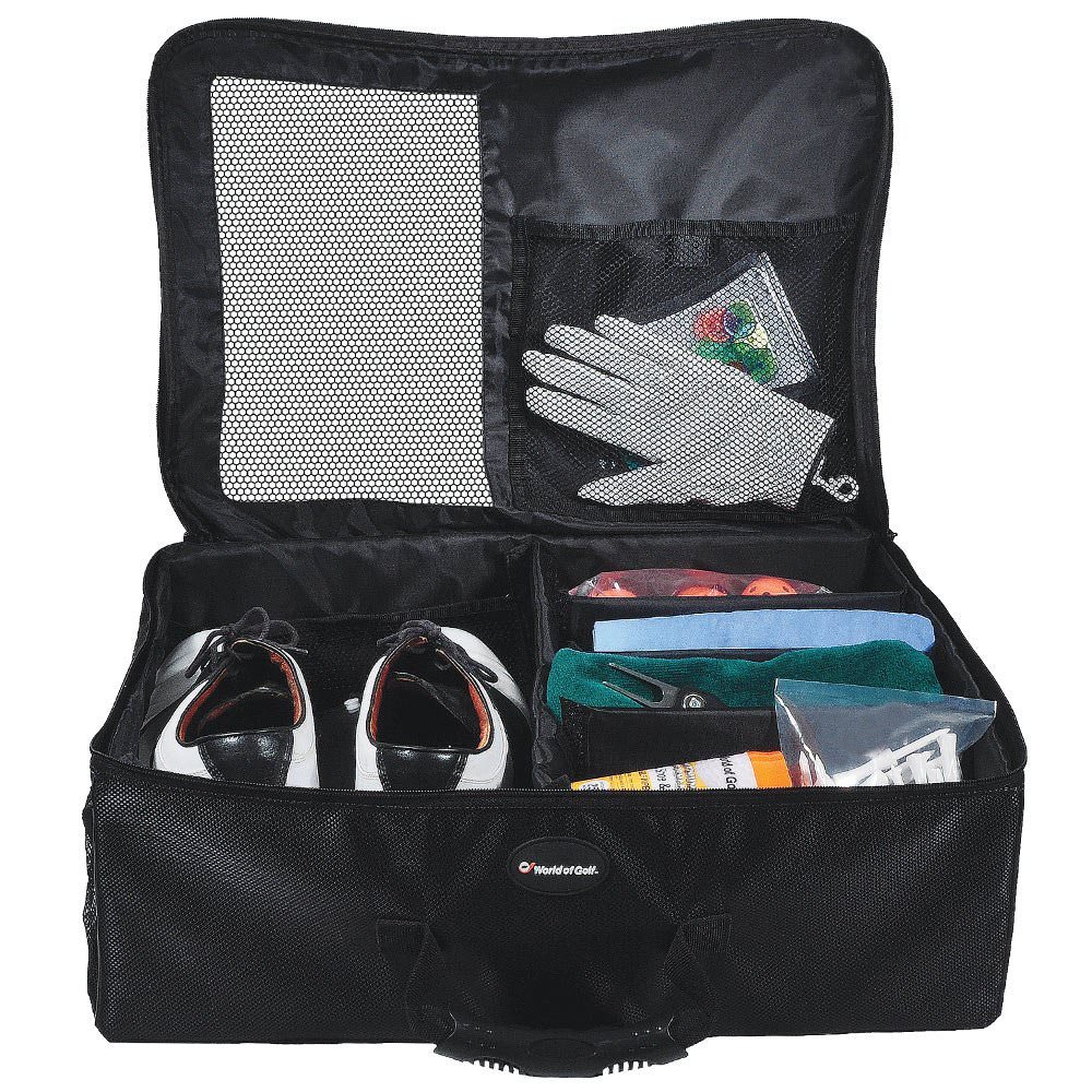 black single layer golf organizer opened and showing golf shoes and accessories