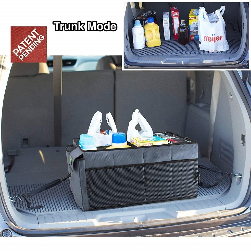 Car trunk with organizer with groceries