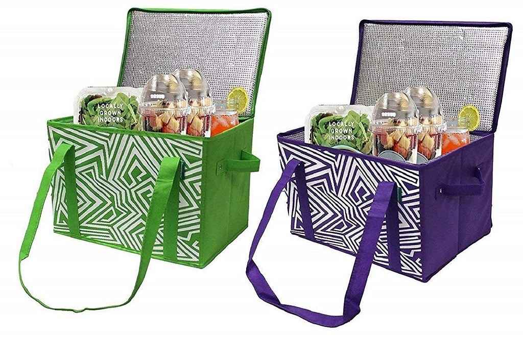 2 insulated grocer boxes - one in green & one in purple