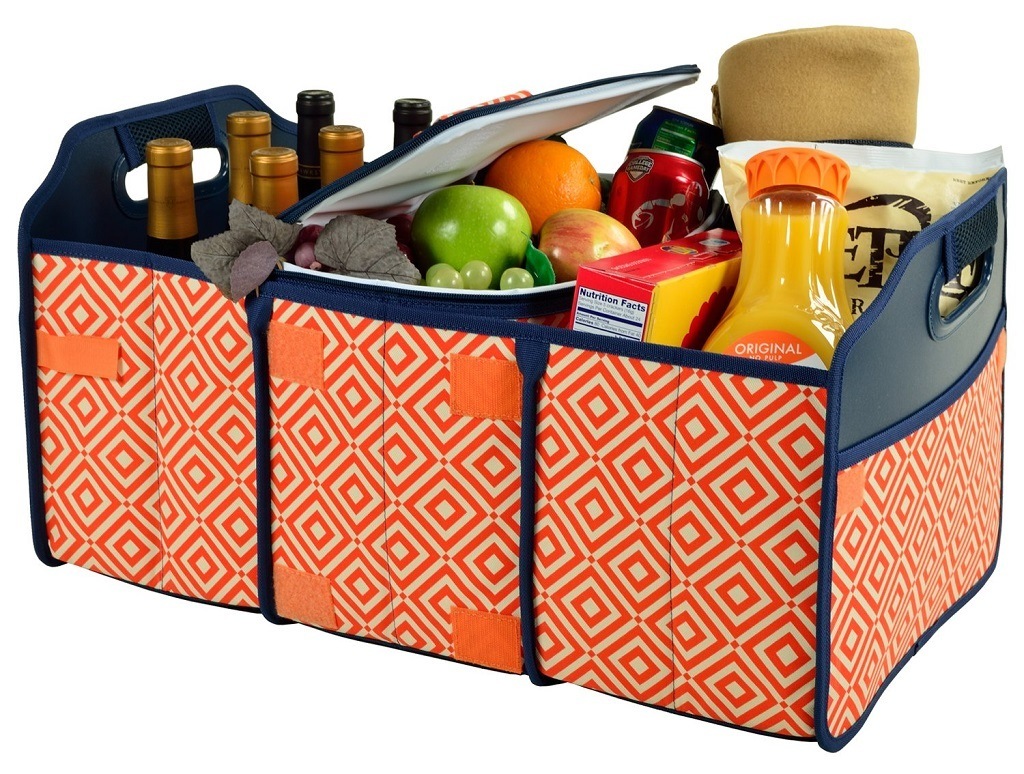 bright orange 3 compartment organizer with groceries and wine.